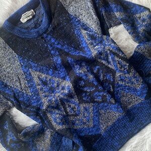 Vintage Retro Electric Grandpa Expressions Blue and Black Knit Sweater